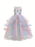 KAMO Girls unicorn dress princess dress long dress with accessories crown wand gloves necklace ring earrings suitable for birthday party masquerade party multi-layered mesh skirt for girls