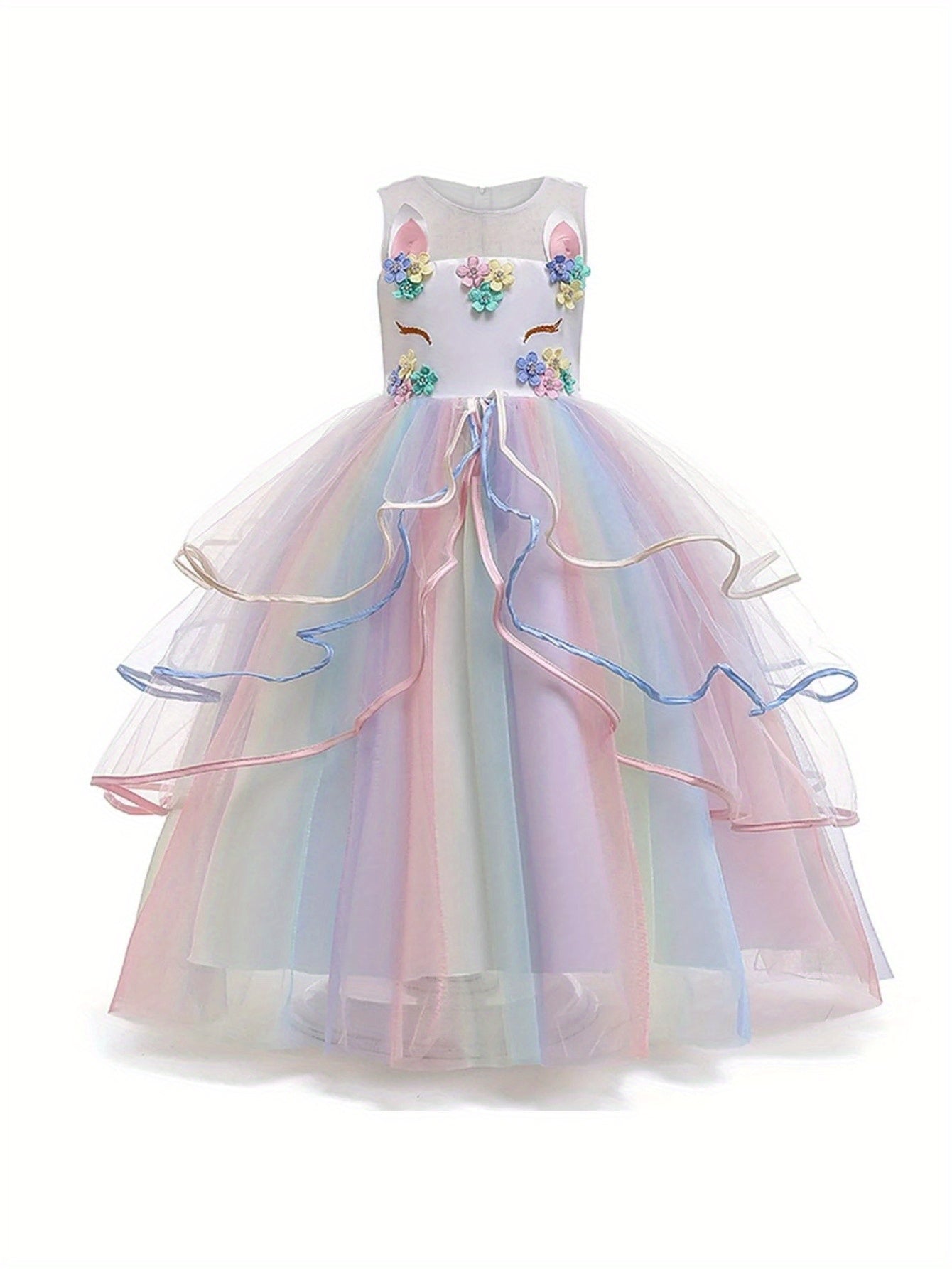 KAMO Girls unicorn dress princess dress long dress with accessories crown wand gloves necklace ring earrings suitable for birthday party masquerade party multi-layered mesh skirt for girls