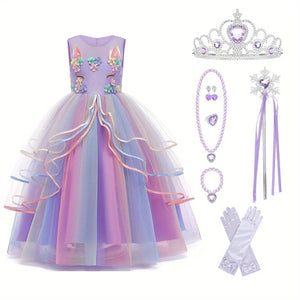 KAMO Girls unicorn dress princess dress long dress with accessories crown wand gloves necklace ring earrings suitable for birthday party masquerade party multi-layered mesh skirt for girls