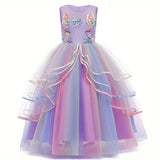 KAMO Girls unicorn dress princess dress long dress with accessories crown wand gloves necklace ring earrings suitable for birthday party masquerade party multi-layered mesh skirt for girls