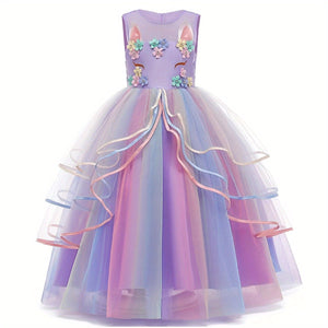 KAMO Girls unicorn dress princess dress long dress with accessories crown wand gloves necklace ring earrings suitable for birthday party masquerade party multi-layered mesh skirt for girls