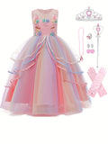 KAMO Girls unicorn dress princess dress long dress with accessories crown wand gloves necklace ring earrings suitable for birthday party masquerade party multi-layered mesh skirt for girls