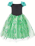 kamo Princess Anna costume little girl's birthday dress up costume little girl dress with crown wand gloves necklace earrings ring suitable for girls aged 3-10