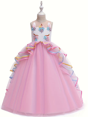 Girls' Unicorn Party Princess Dress Rainbow Tulle Long Wedding Gown Birthday Kids Clothes