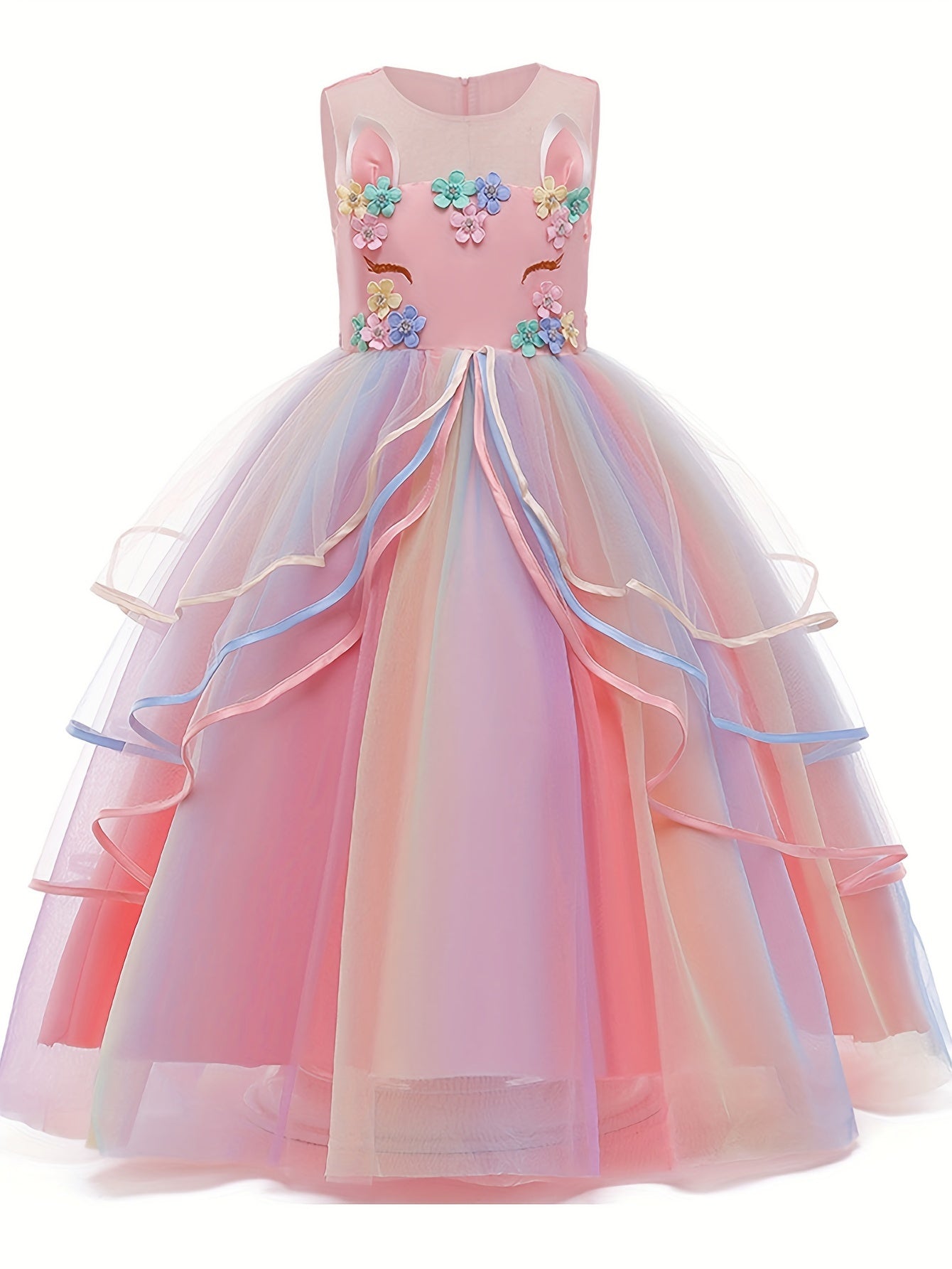 KAMO Girls unicorn dress princess dress long dress with accessories crown wand gloves necklace ring earrings suitable for birthday party masquerade party multi-layered mesh skirt for girls