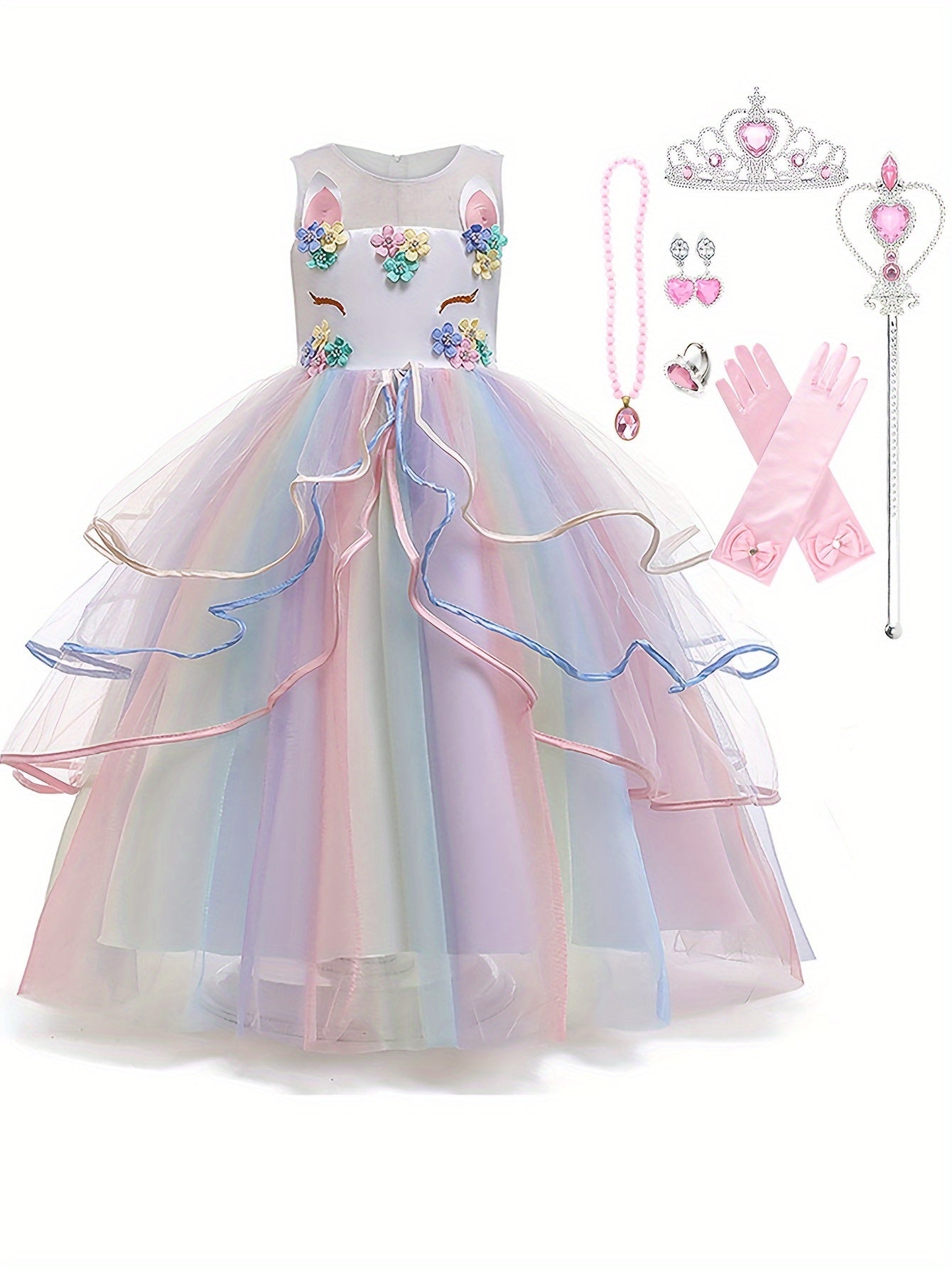 KAMO Girls unicorn dress princess dress long dress with accessories crown wand gloves necklace ring earrings suitable for birthday party masquerade party multi-layered mesh skirt for girls