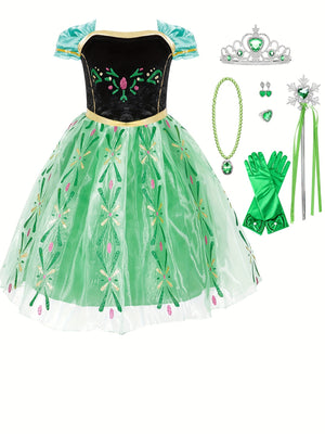 kamo Princess Anna costume little girl's birthday dress up costume little girl dress with crown wand gloves necklace earrings ring suitable for girls aged 3-10