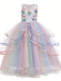 KAMO Girls unicorn dress princess dress long dress with accessories crown wand gloves necklace ring earrings suitable for birthday party masquerade party multi-layered mesh skirt for girls