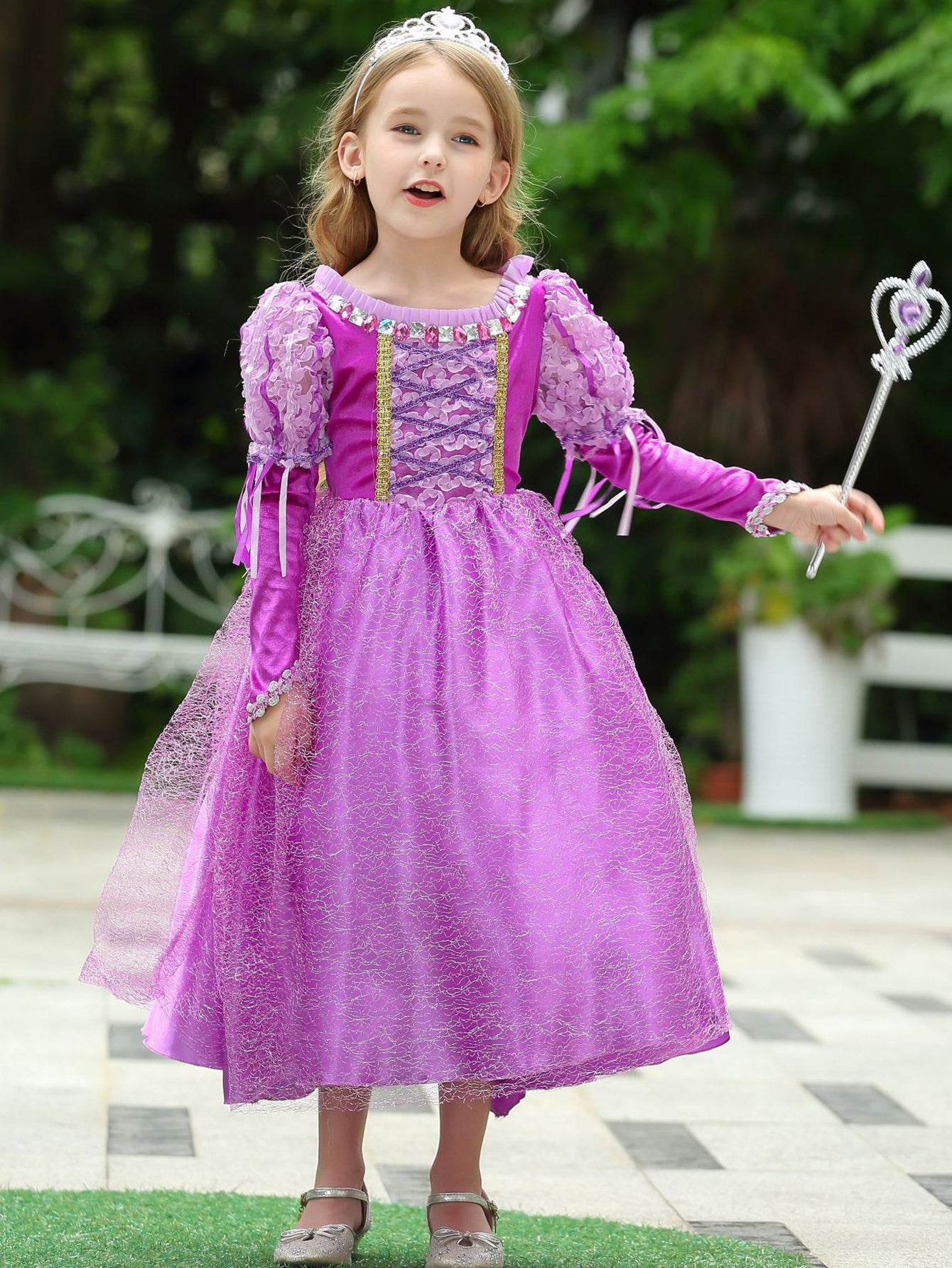 Cute Style Regular Fit Woven Polyester Fairytale Princess Costume, Solid Color with Slight Stretch, Bubble Sleeve Casual Dress for Character Performance, Party & Birthday Gift