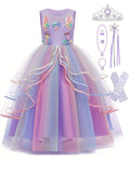 KAMO Girls unicorn dress princess dress long dress with accessories crown wand gloves necklace ring earrings suitable for birthday party masquerade party multi-layered mesh skirt for girls