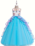 Girls' Unicorn Party Princess Dress Rainbow Tulle Long Wedding Gown Birthday Kids Clothes