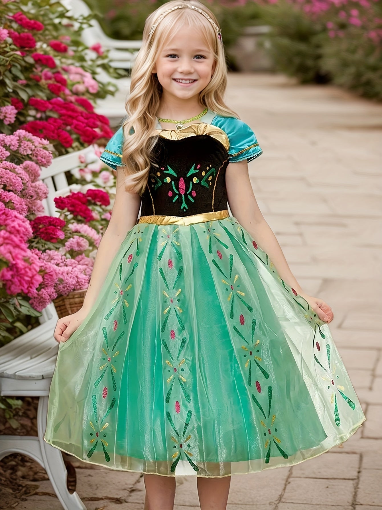 kamo Princess Anna costume little girl's birthday dress up costume little girl dress with crown wand gloves necklace earrings ring suitable for girls aged 3-10